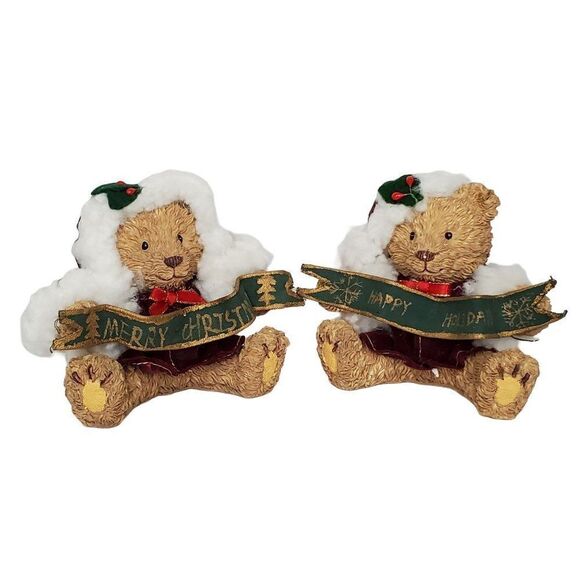 2 NEW Happy Holiday Merry Christmas Teddy Bear Resin Figures 4" H  X 5" W - Picture 1 of 6